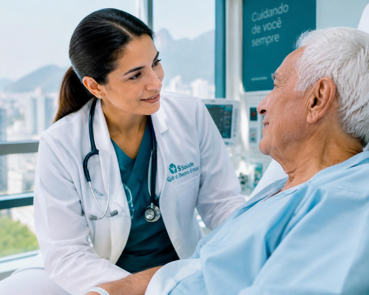 Médica acolhendo paciente idoso